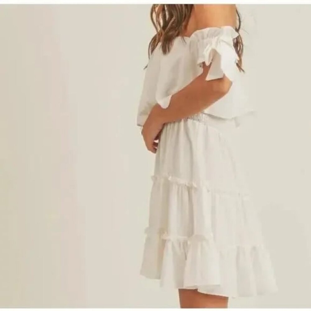 MABEL by ANTHROPOLOGIE Rayna Boho Off Shoulder Tiered Mini Sundress Cream L - Picture 3 of 6
